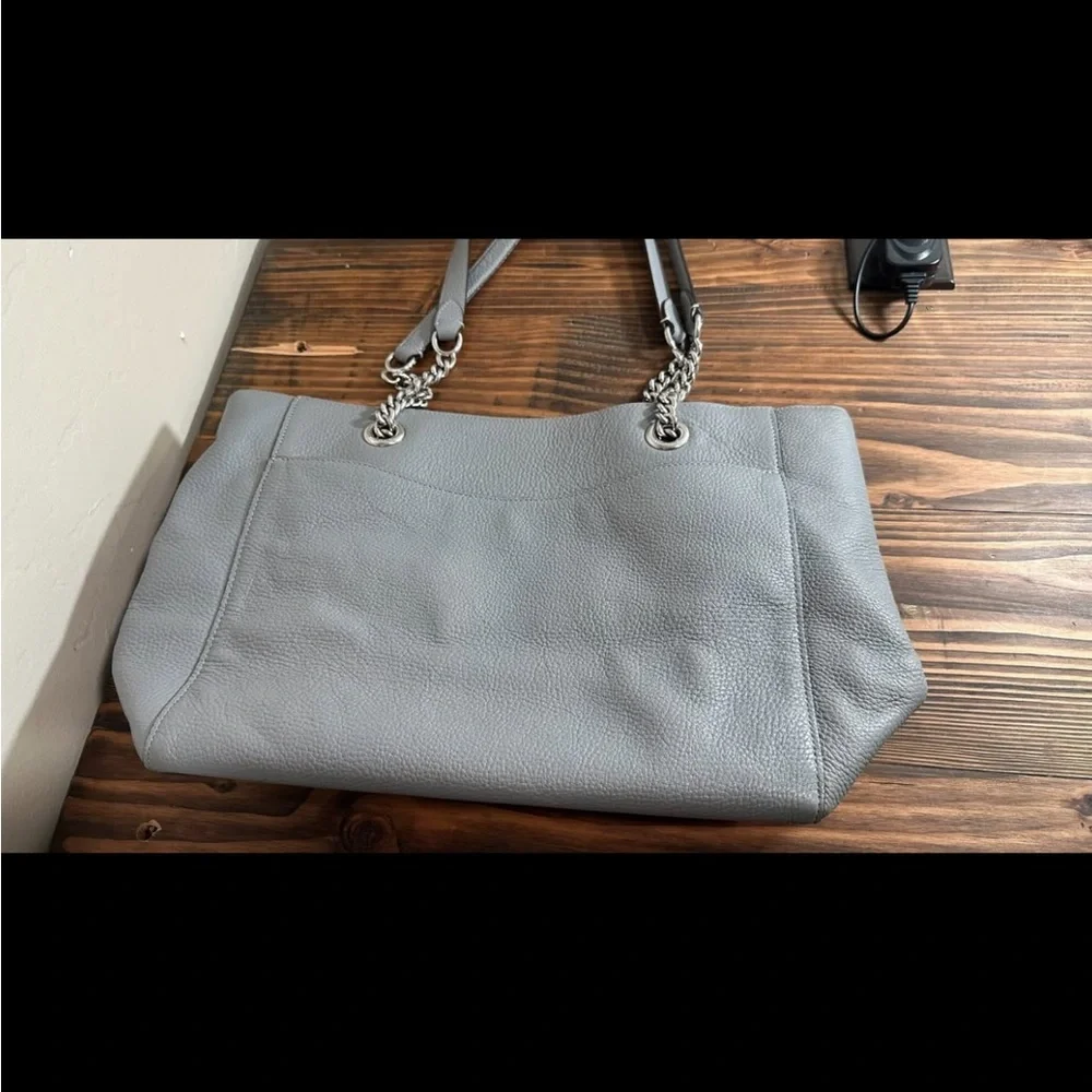 Coach Pebbled Leather Tote in Light Gray with Chain Handles